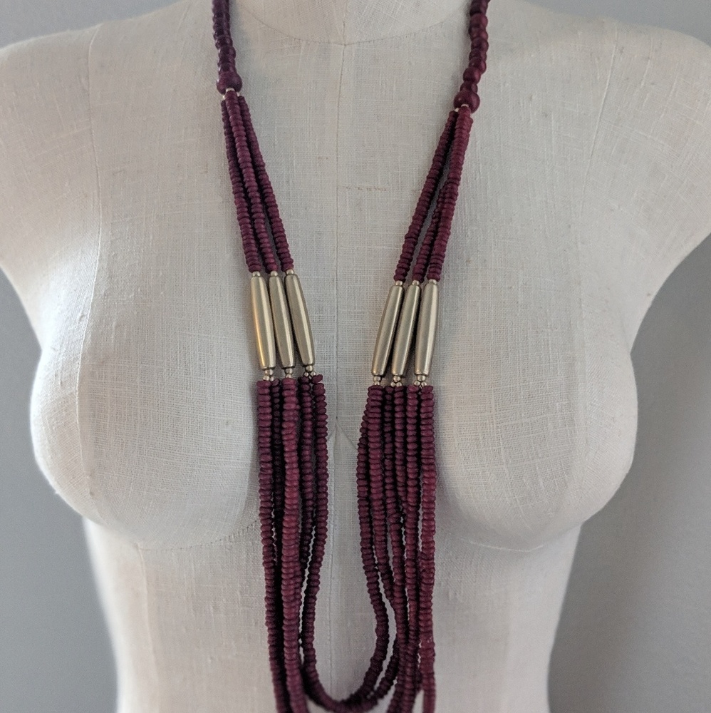 Chico's Red and Gold Long Layered Beaded Necklace
